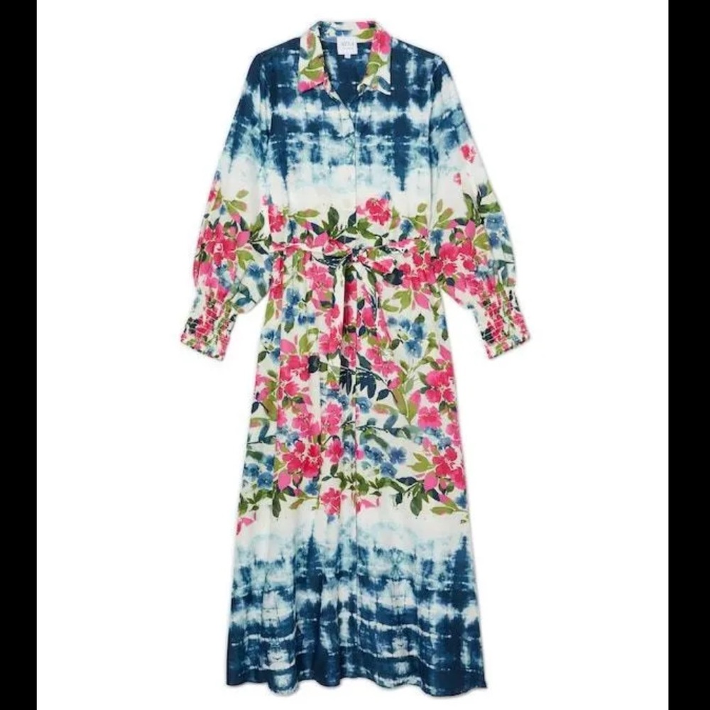 MISA floral tie dye BETTINA NWOT Smocked Tie-Waist Midi Dress XS Shirtdress $510 - Picture 7 of 9